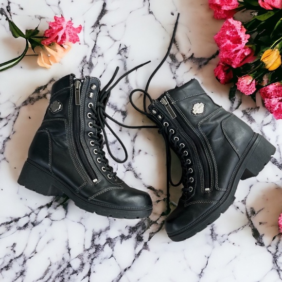 Harley Davidson Women's Black Leather Motorcycle Tessa Boots Size 6 Lace Up Zip - Picture 2 of 16